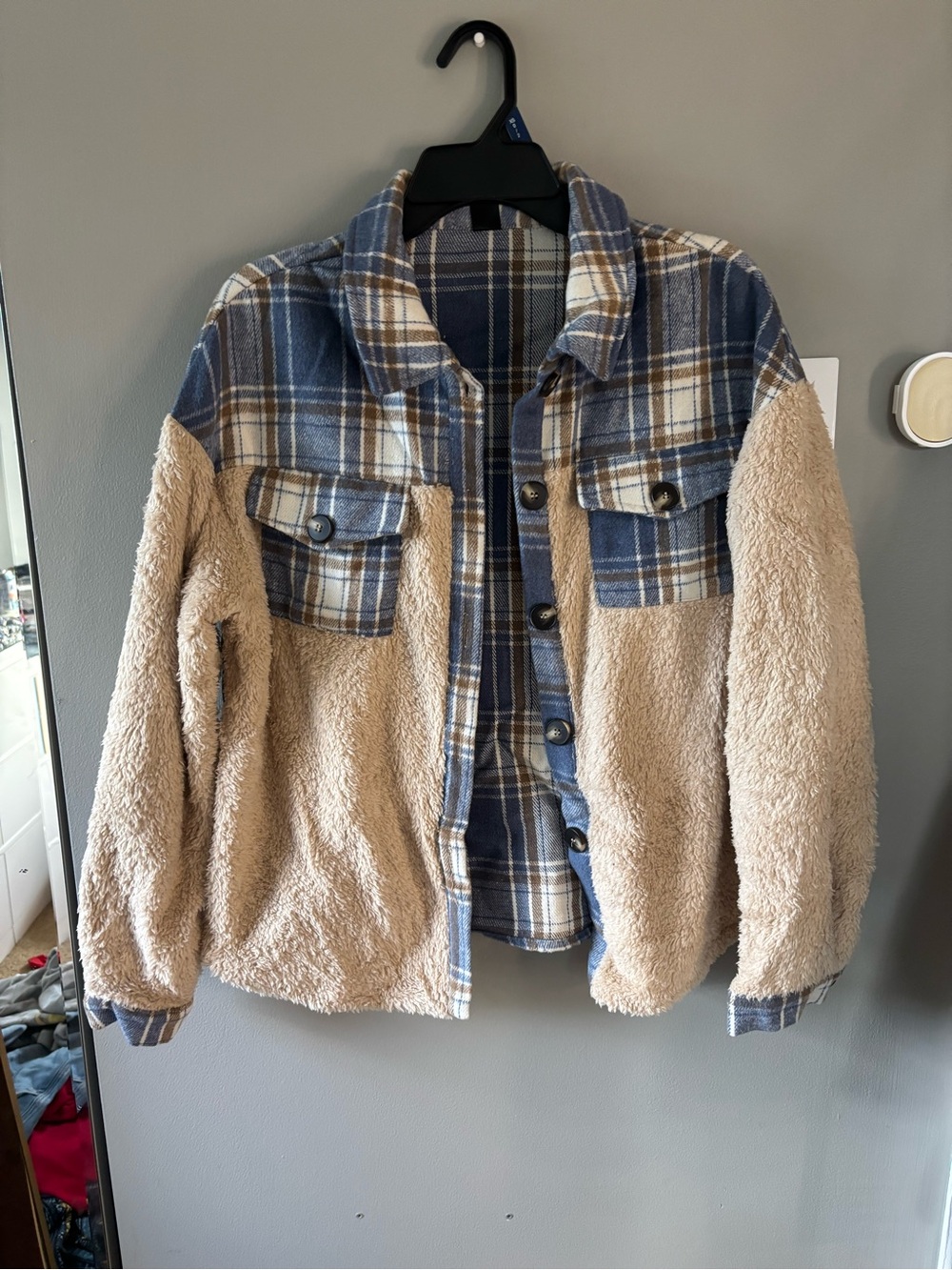 Beige Sherpa & Blue Plaid Jacket